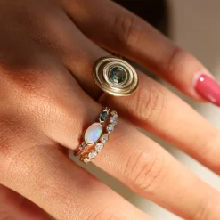 Marrow Fine Birthstone Collection | Ready To Ship^0.35ct Australian Opal and Sapphire Linear Band 14kyellowgold