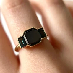 Marrow Fine Ready To Ship | Ready To Ship^2.07ct Black Diamond Asscher & Tourmaline Baguette Ring 14kyellowgold