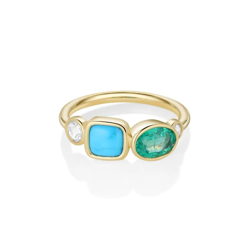 Marrow Fine Birthstone Collection | Graduation Gifts^0.77ct Emerald, 0.81ct Turquoise and Rose Cut Diamond Ring 14kyellowgold