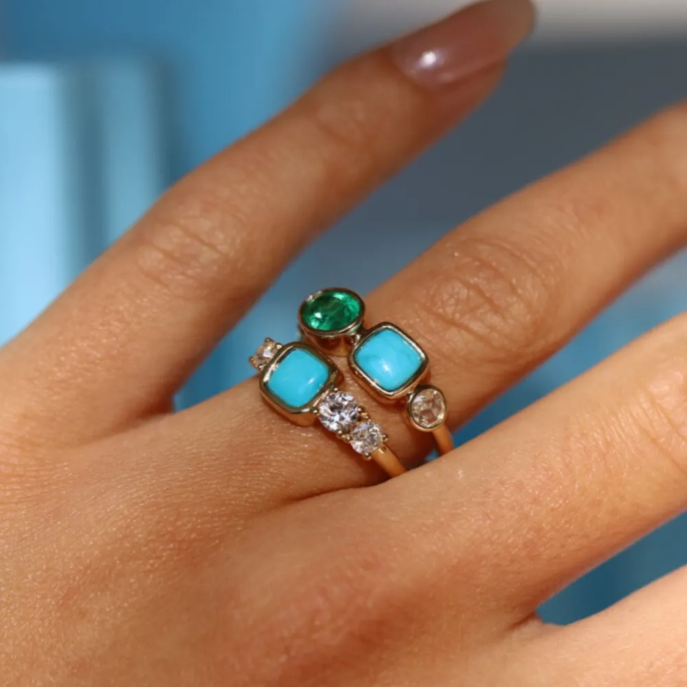 Marrow Fine Birthstone Collection | Graduation Gifts^0.77ct Emerald, 0.81ct Turquoise and Rose Cut Diamond Ring 14kyellowgold