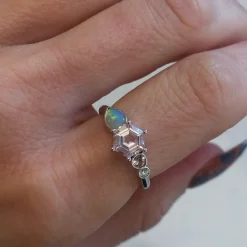 Marrow Fine Birthstone Collection | Ready To Ship^0.74ct Morganite Hexagon and Opal Linear Ring 14kwhitegold