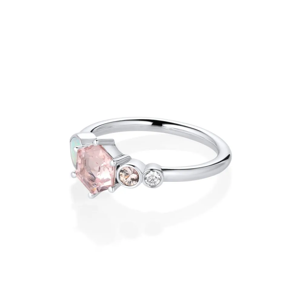Marrow Fine Birthstone Collection | Ready To Ship^0.74ct Morganite Hexagon and Opal Linear Ring 14kwhitegold