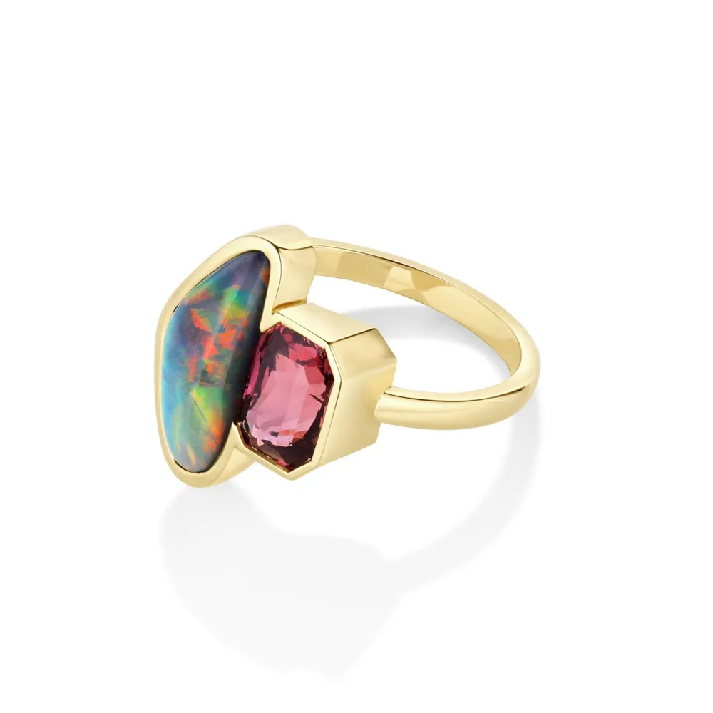 Marrow Fine Ready To Ship | Ready To Ship^3.15ct Opal and 2.32ct Sapphire Ring 14kyellowgold