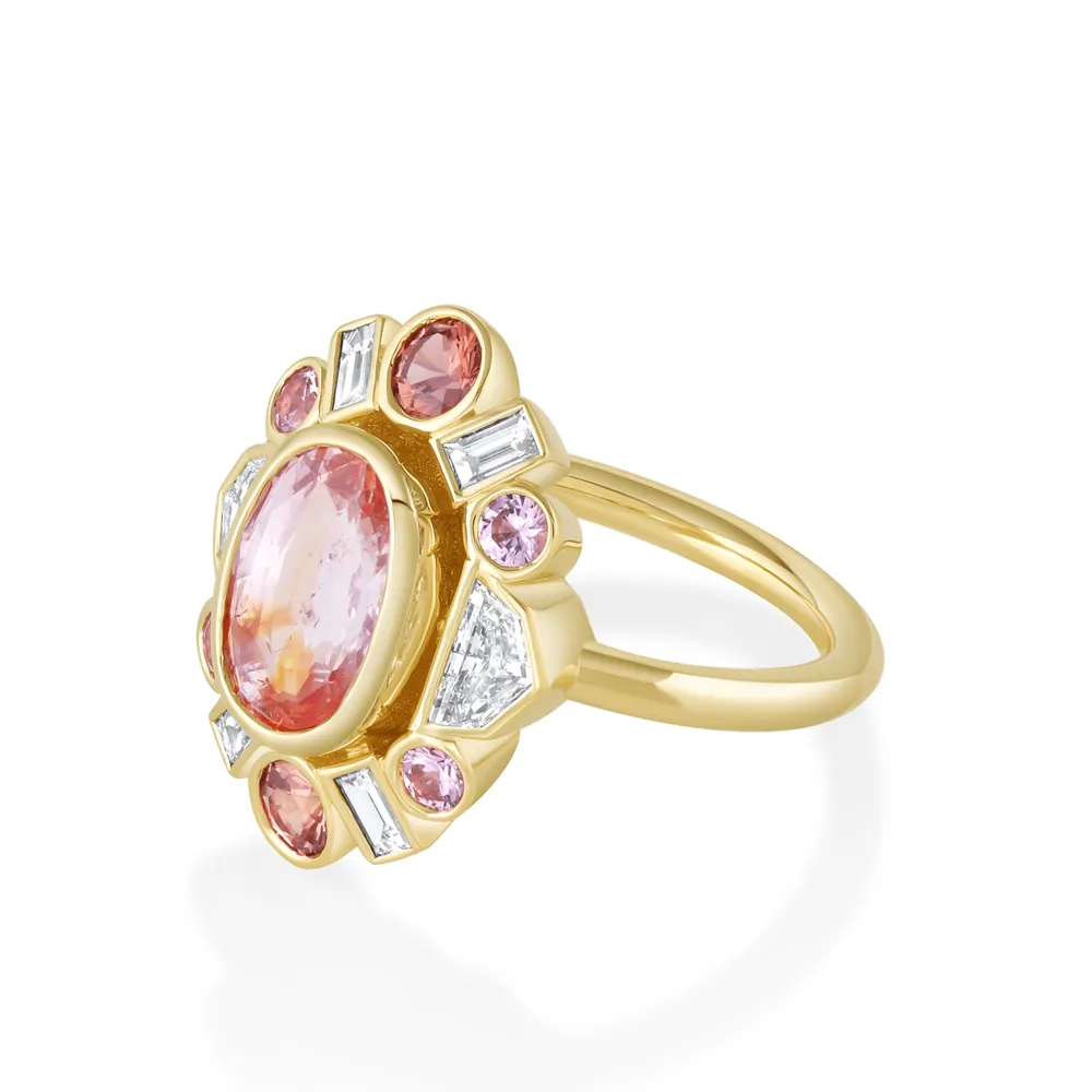 Marrow Fine Ready To Ship | Ready To Ship^3.54ct Peachy Pink Sapphire Ballerina Ring 14kyellowgold