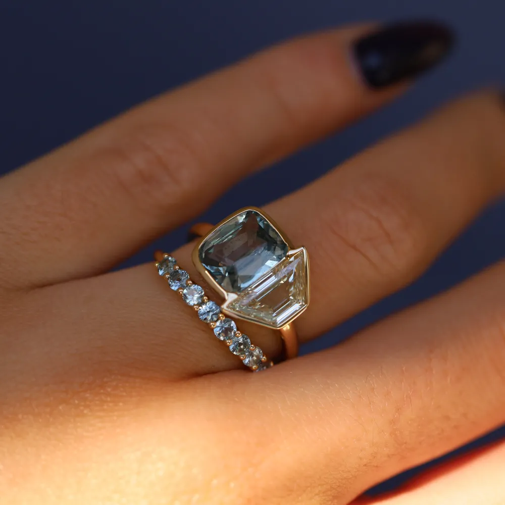Marrow Fine Ready To Ship | Ready To Ship^3.08ct Sapphire & 1.55ct Diamond Trapezoid Ring with 0.57tcw Sapphire 14kyellowgold