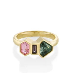 Marrow Fine Ready To Ship | Ready To Ship^1.40ct Teal Sapphire & Tourmaline Linear Ring 14kyellowgold