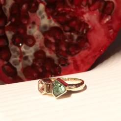 Marrow Fine Ready To Ship | Ready To Ship^1.40ct Teal Sapphire & Tourmaline Linear Ring 14kyellowgold