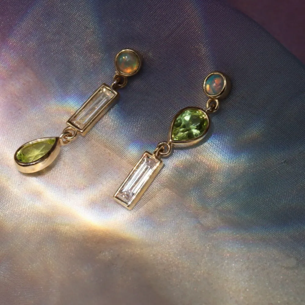 Marrow Fine Birthstone Collection | Ready To Ship^0.35tcw Diamond, 0.94tcw Peridot and Opal Earrings 14kyellowgold